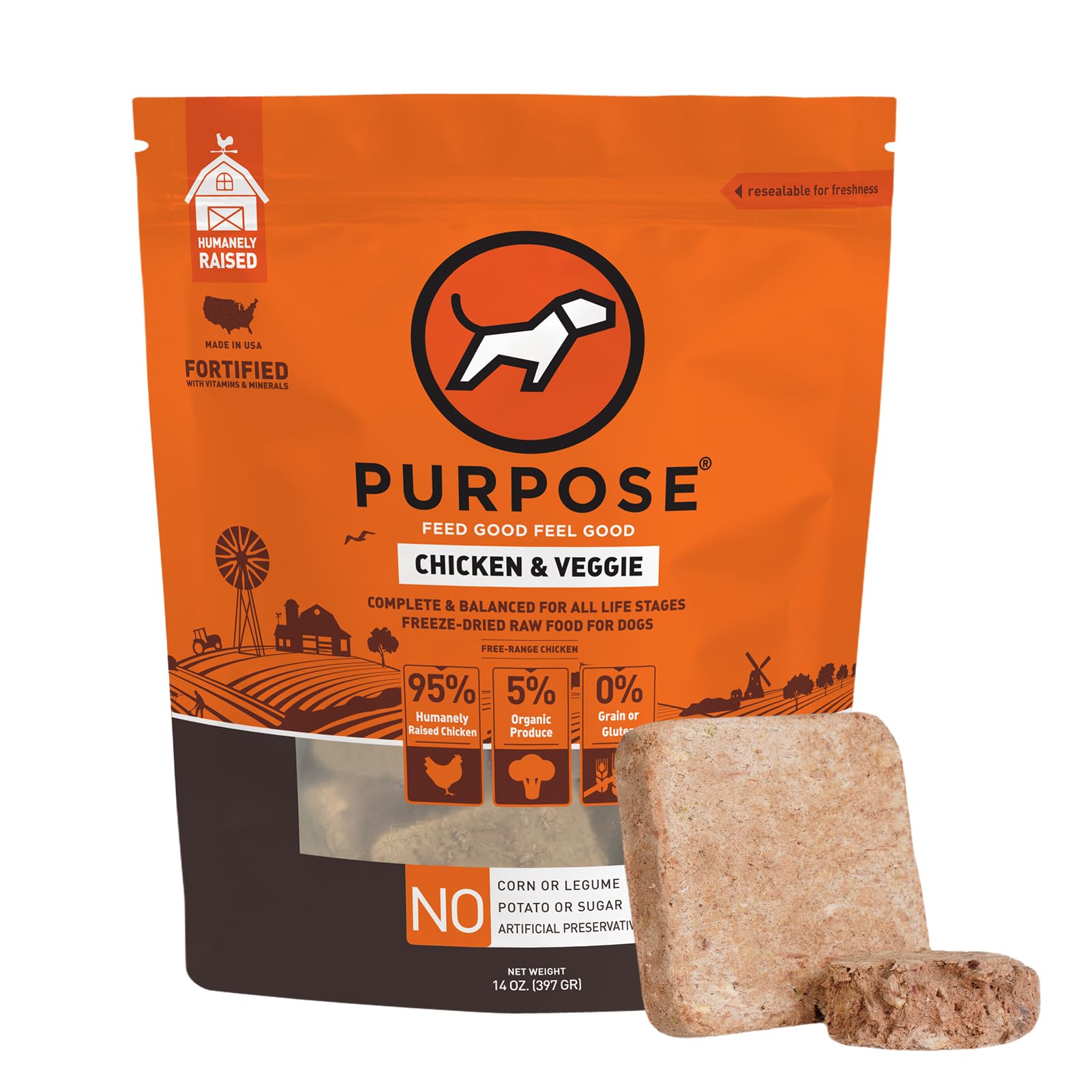 Orange package of Purpose chicken and veggie dog food with two pieces of the product on a white background