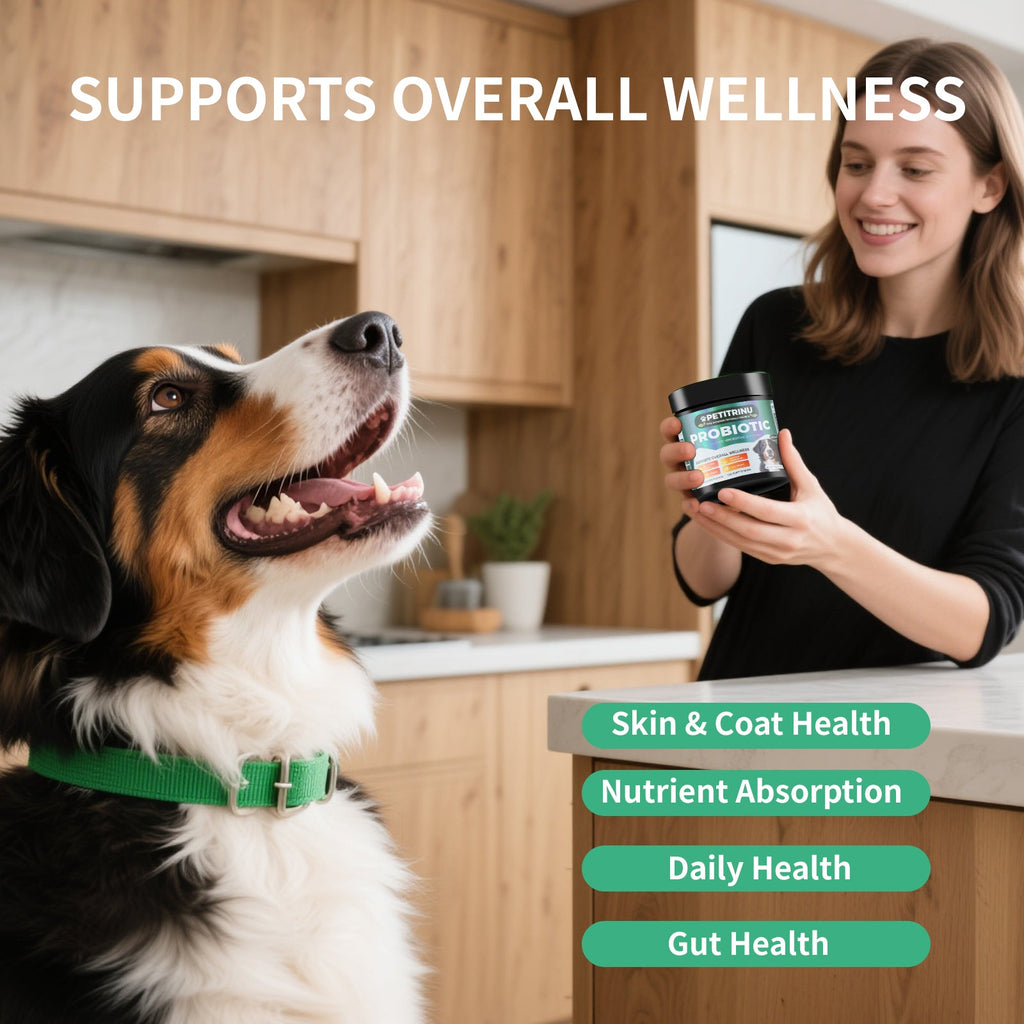 Woman holding a supplement container for a dog in a kitchen, with text about product benefits.