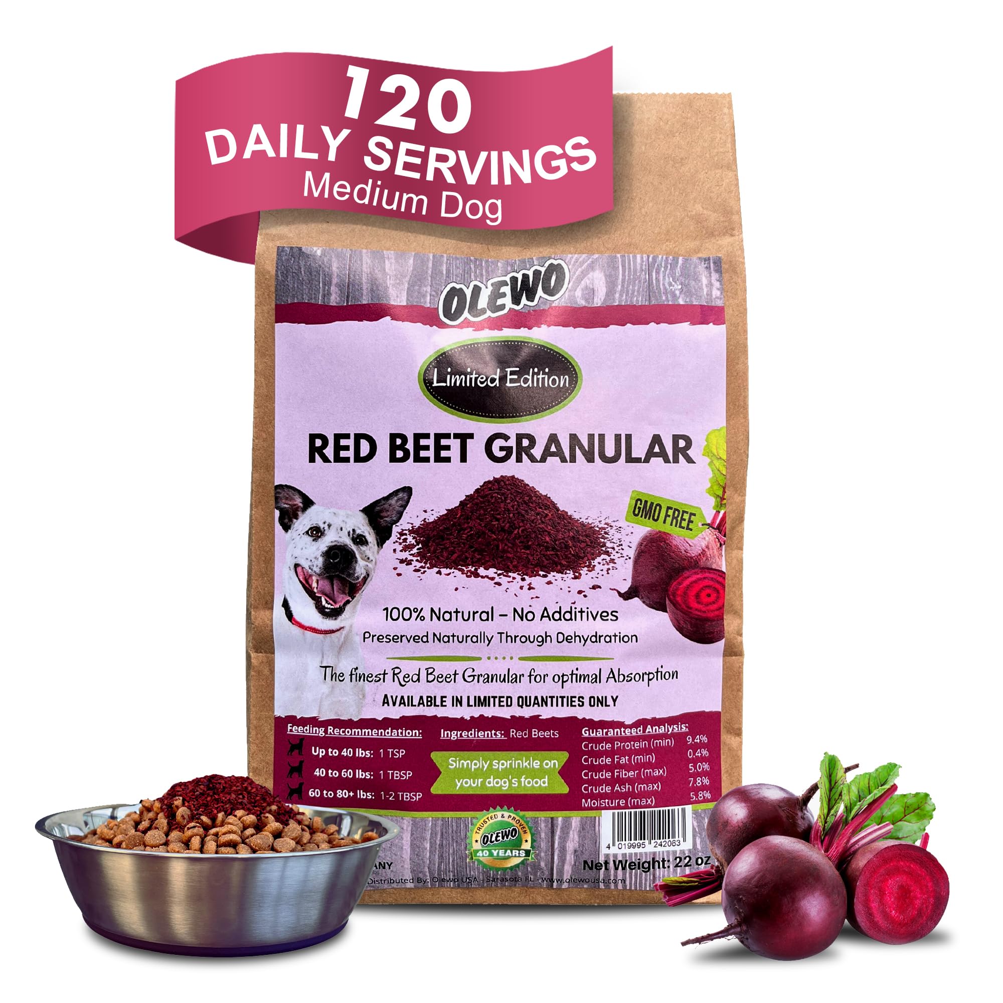 Olewo Red Beet Granular dog food package with beetroot and a bowl of food on a white background