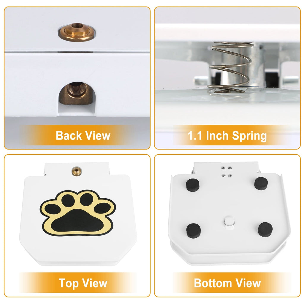 Product view from back, top, and bottom with a paw print design.