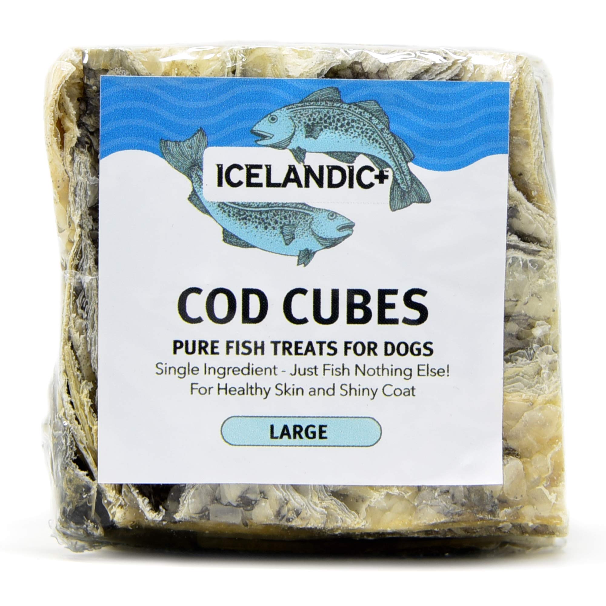 Pack of Icelandic Cod Cubes pure fish treats for dogs with a label on a white background