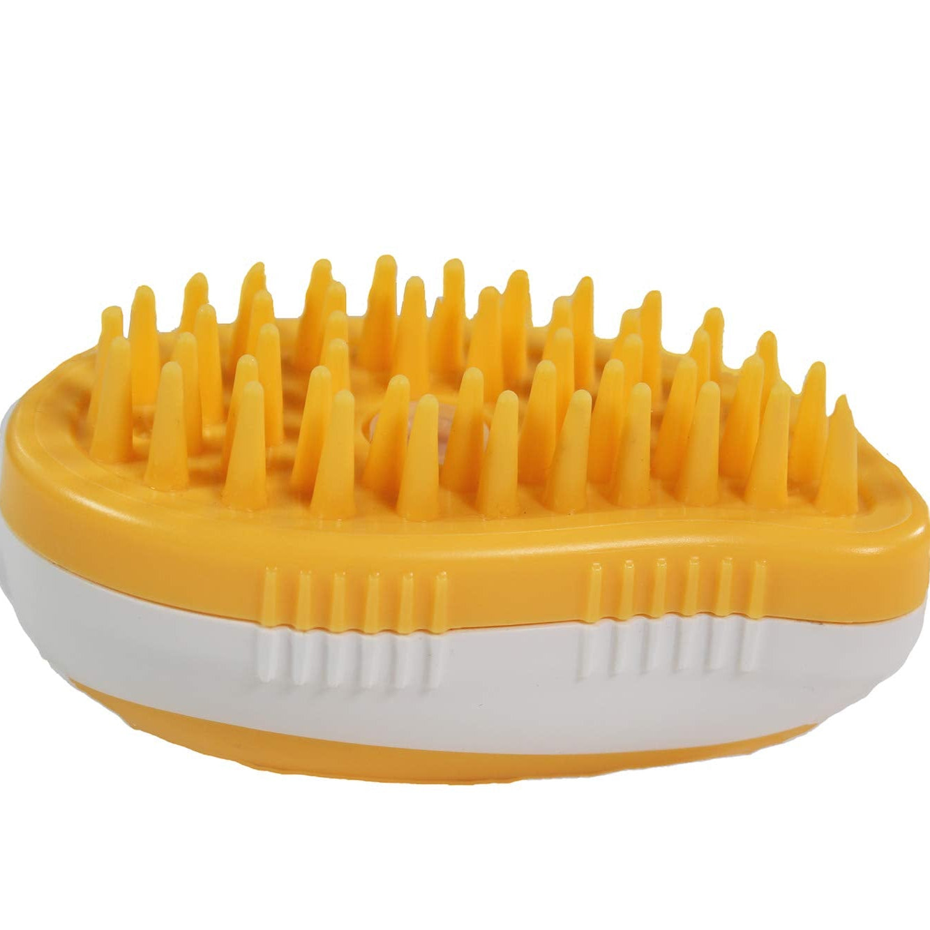 Yellow grooming brush with textured surface on a white background