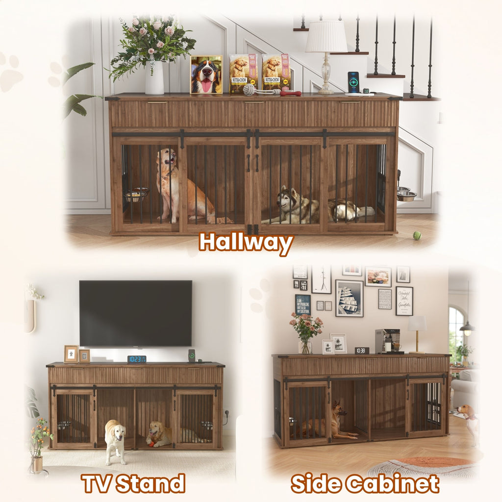 71" Double Dog Crate Furniture with Fluted Drawers, Feeders & Power Station