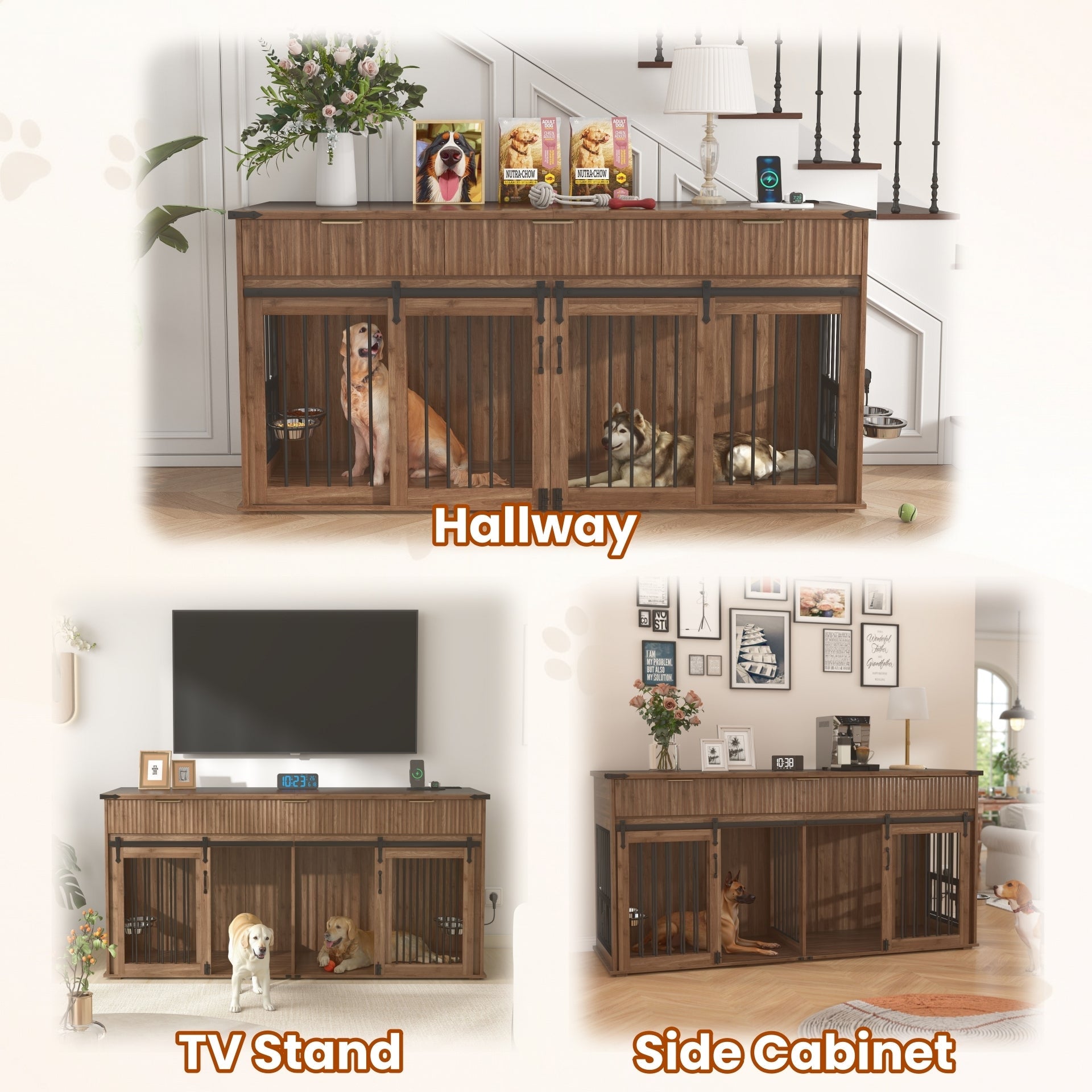 71" Double Dog Crate Furniture with Fluted Drawers, Feeders & Power Station