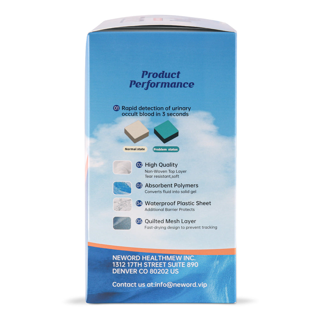 Product performance packaging with blue and white design on a white background