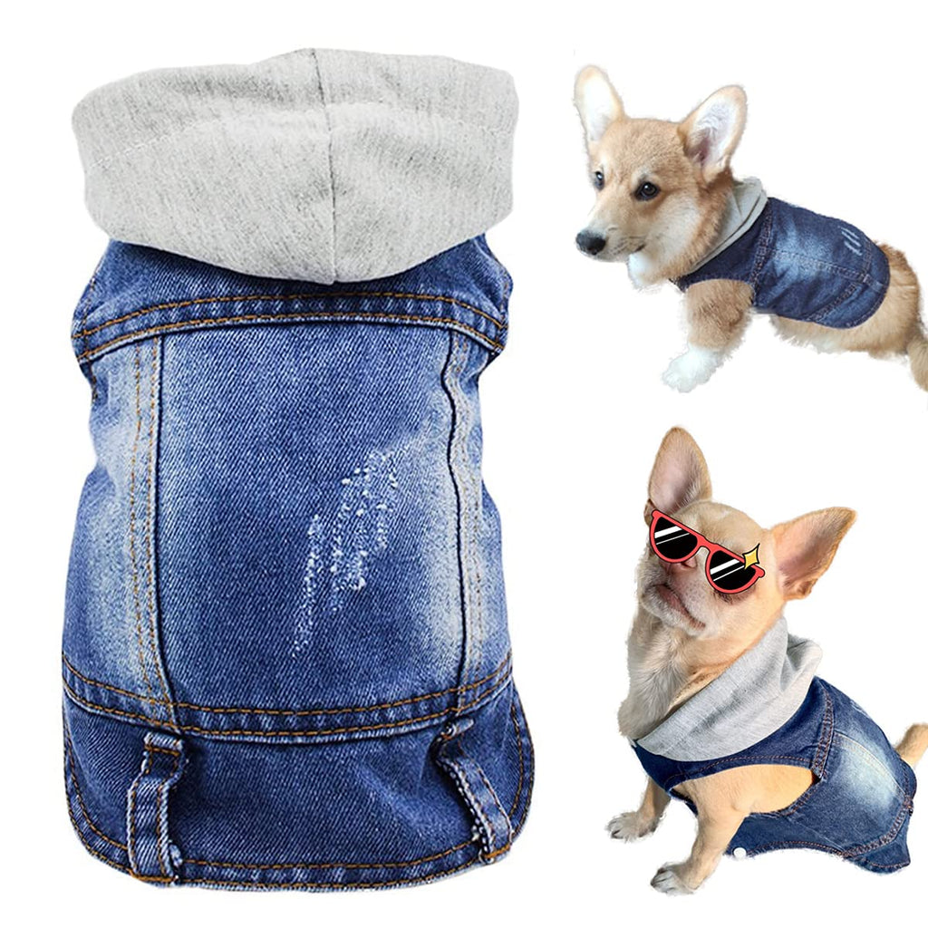Denim dog coat with a gray hoodie, shown on a white background.
