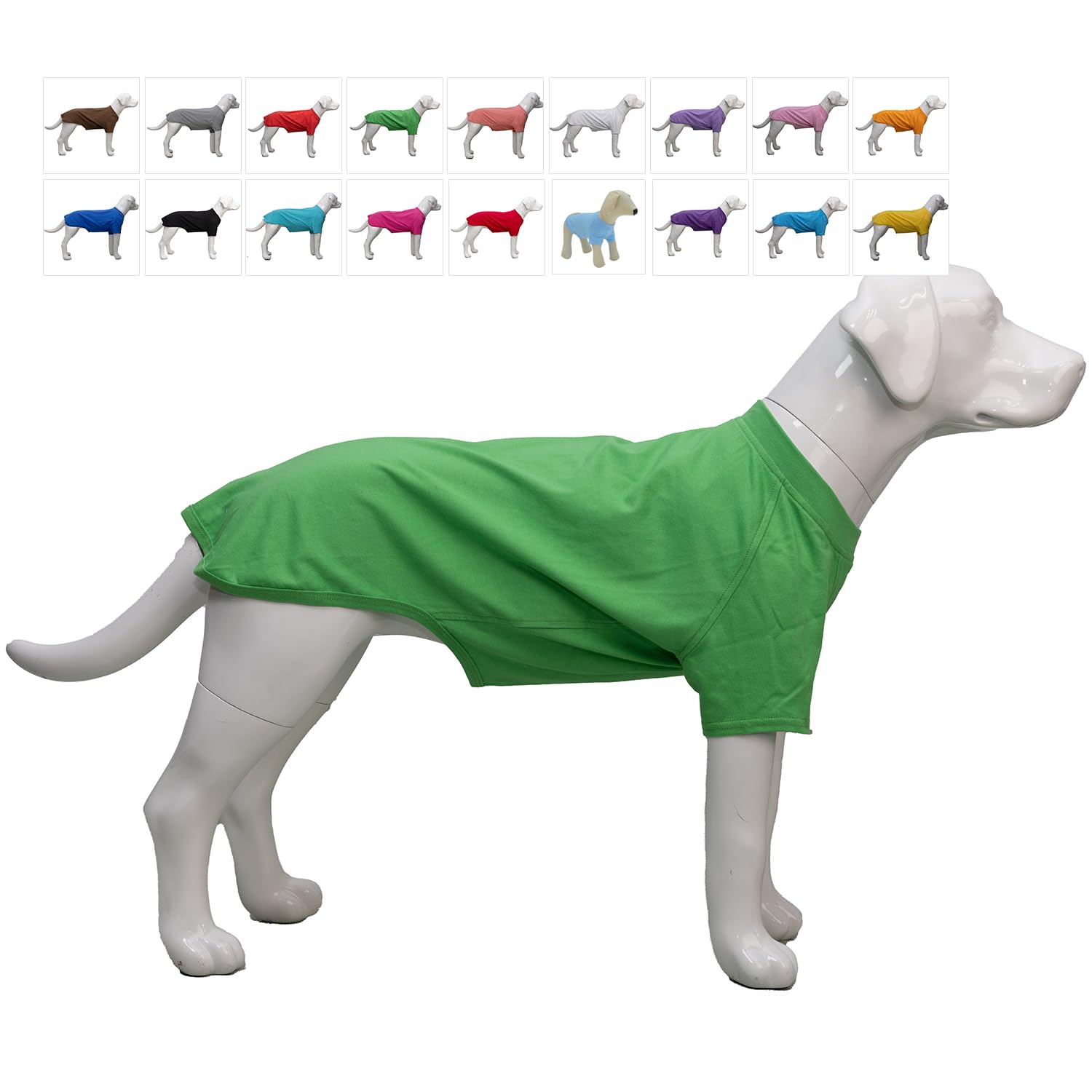 Green dog coat on a mannequin with color options displayed above.