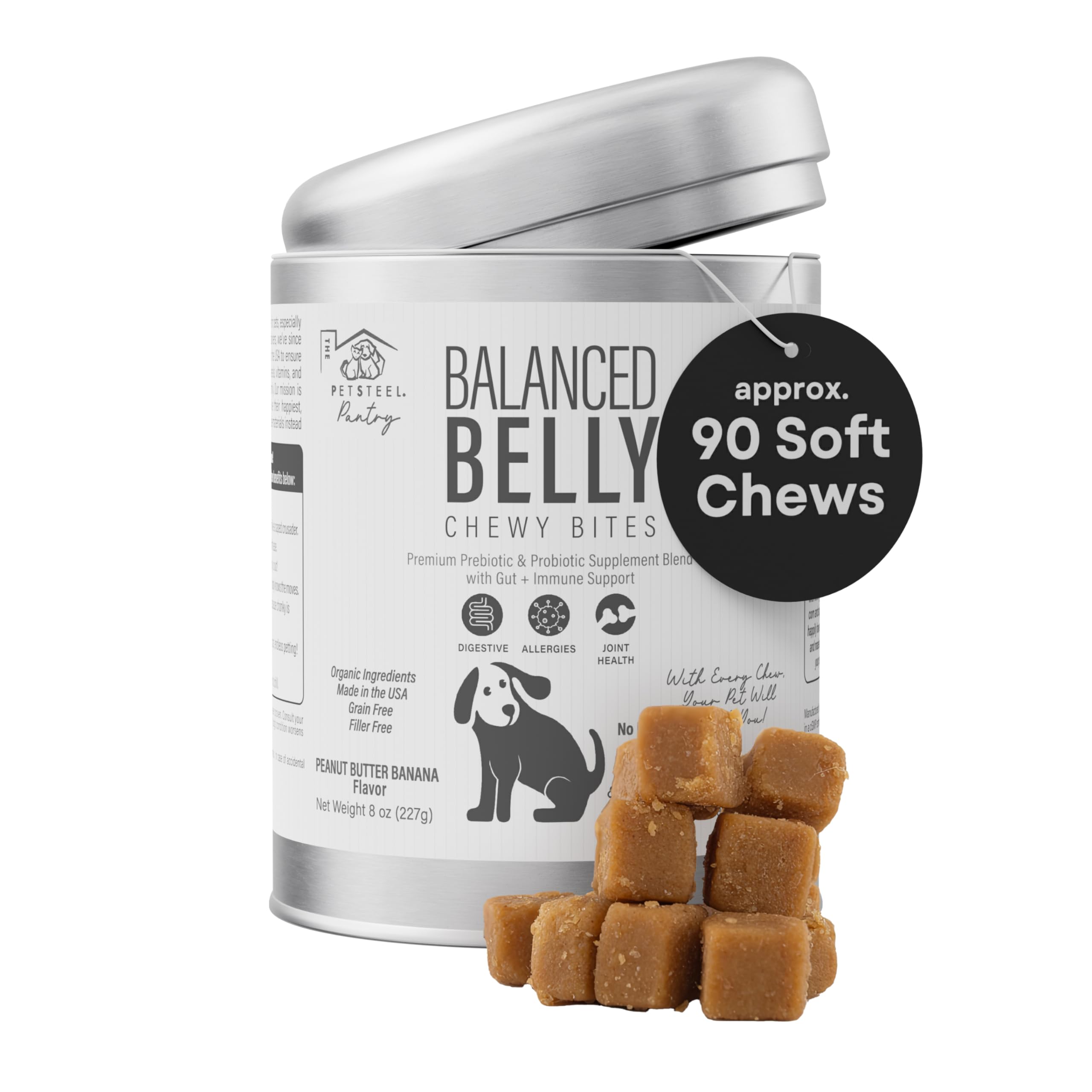 Balanced Belly chewy bites for dogs with a container on a white background