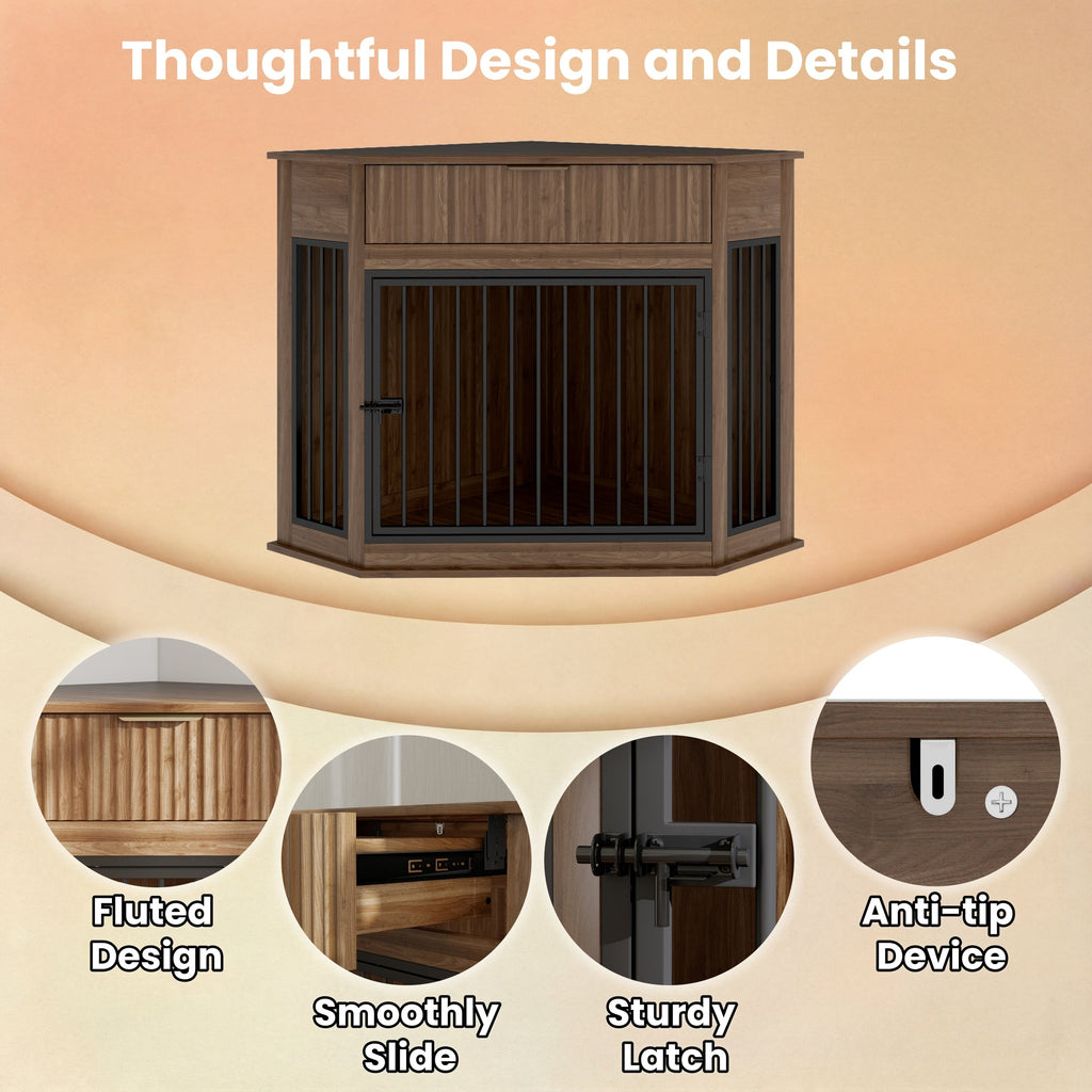 Corner Dog Crate Furniture with Fluted Drawer 