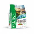 Dog food package with a scenic background and text about premium dog food.
