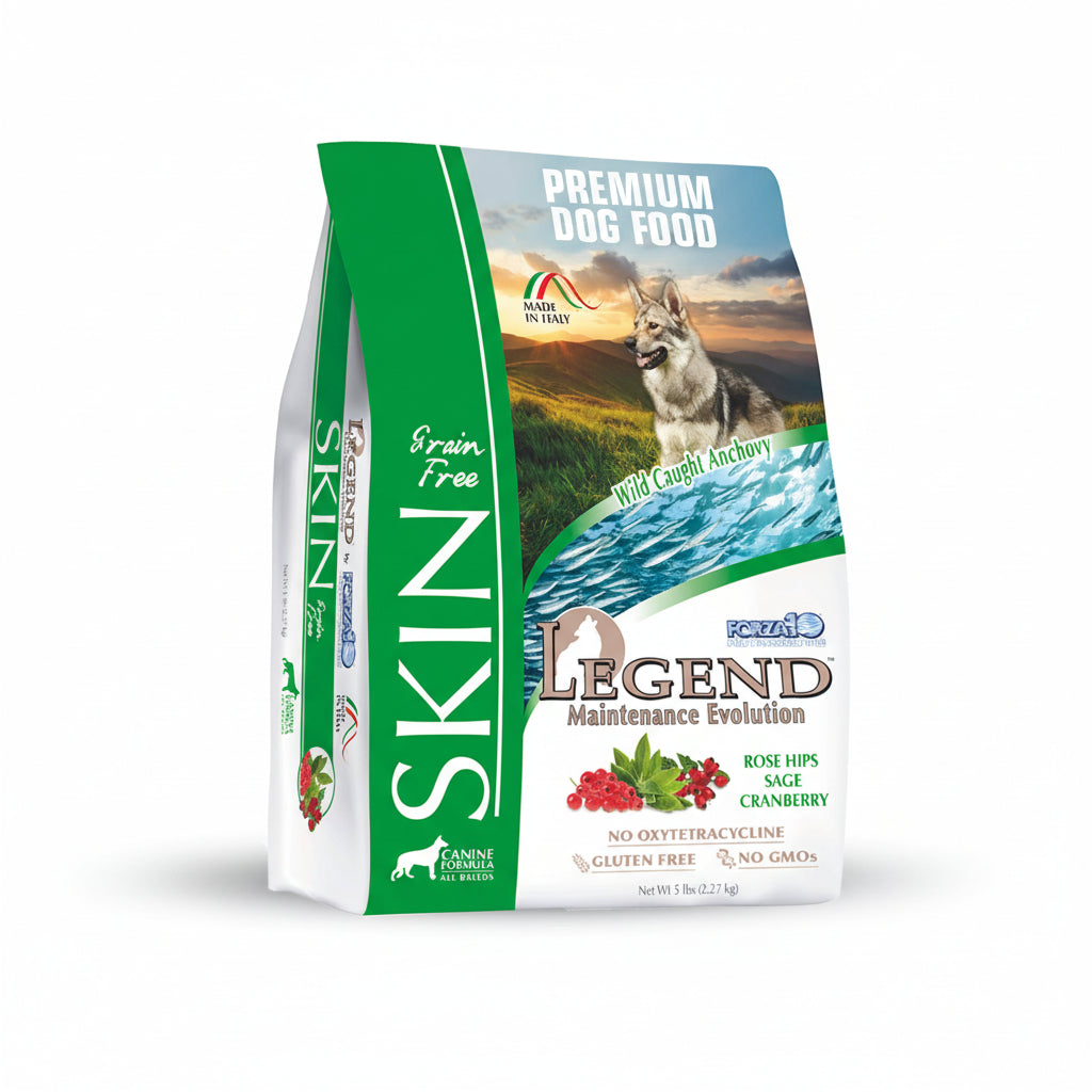 Dog food package with a scenic background and text about premium dog food.