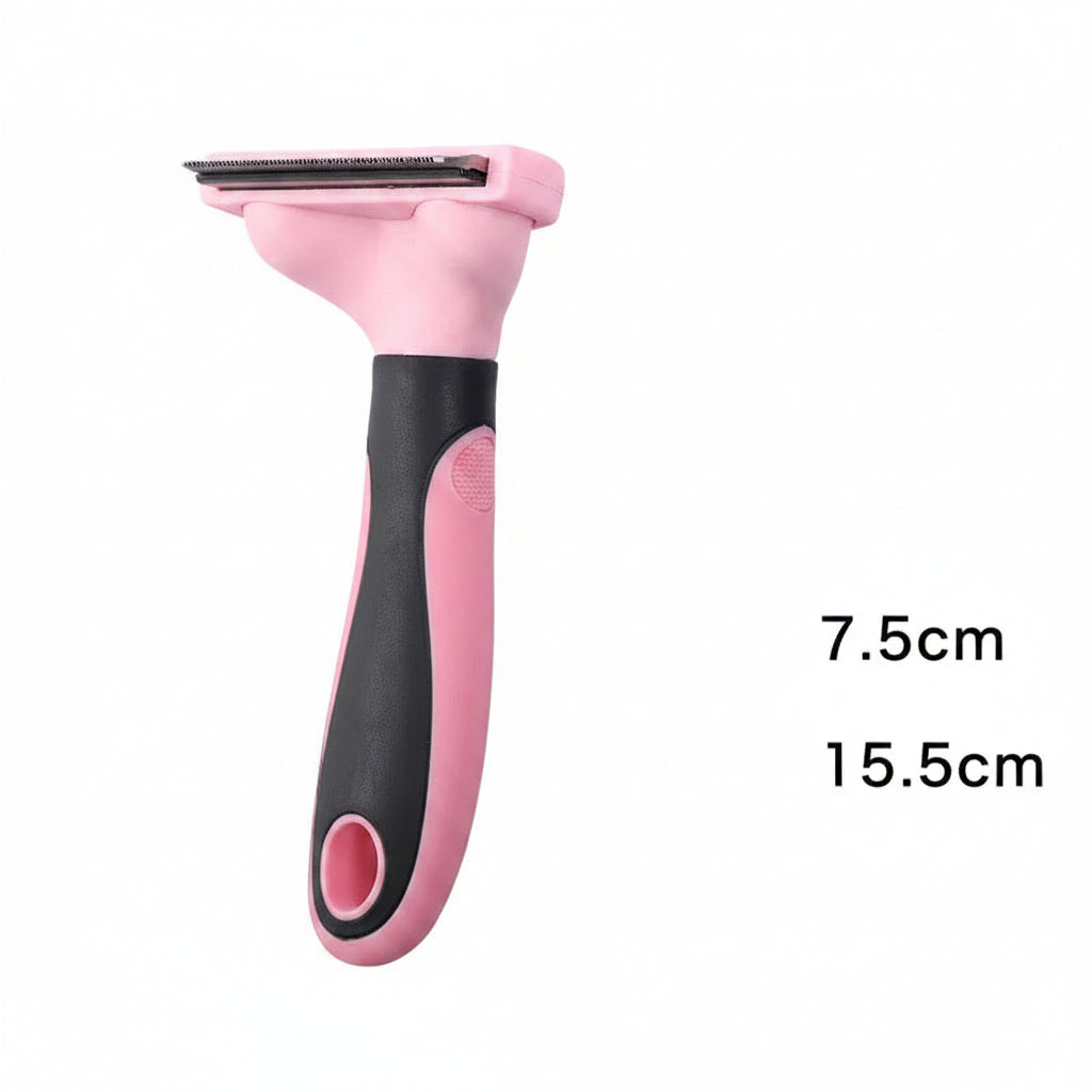 Pink and black pet grooming tool with measurements on a dark background