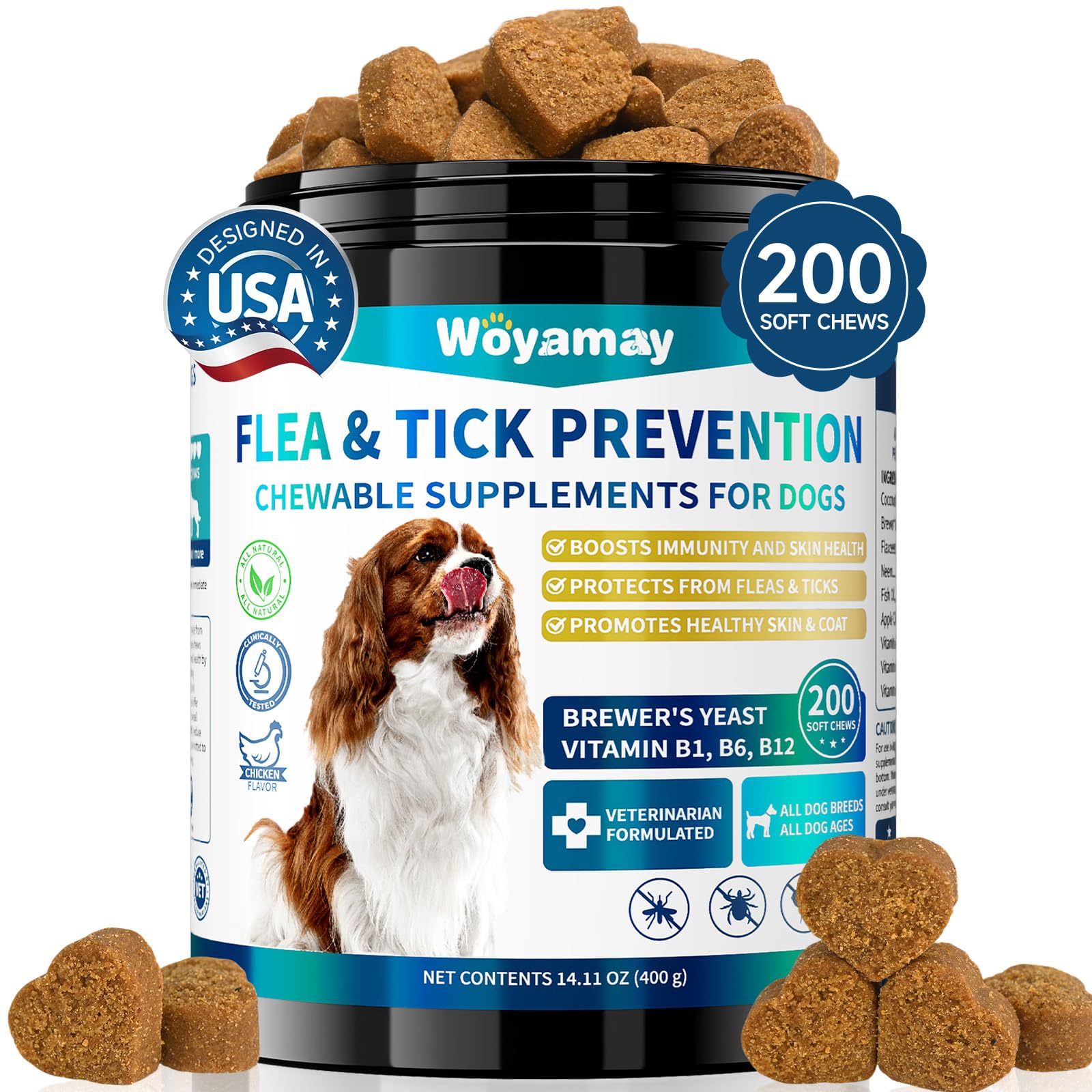 Woyamay flea and tick prevention chewable supplements for dogs with a container and treats on a white background.