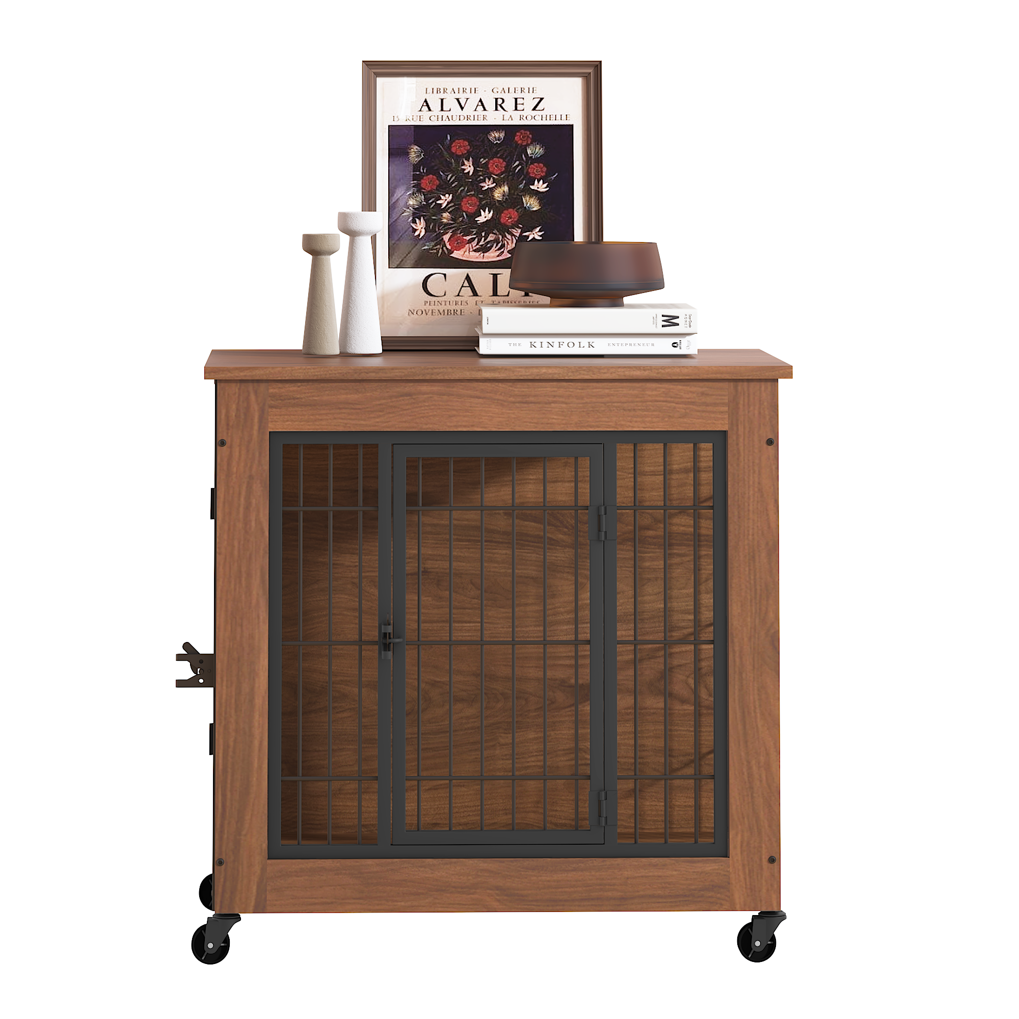 Wooden cabinet with glass doors on wheels, decorated with books and a framed picture.