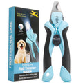 Pet nail trimmer with blue handle and black accents next to its packaging on a white background