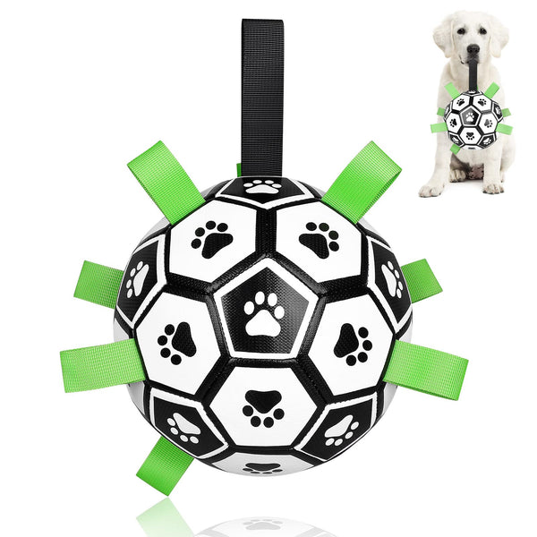Dog toy shaped like a soccer ball with paw prints and green straps, next to a dog wearing a similar toy.