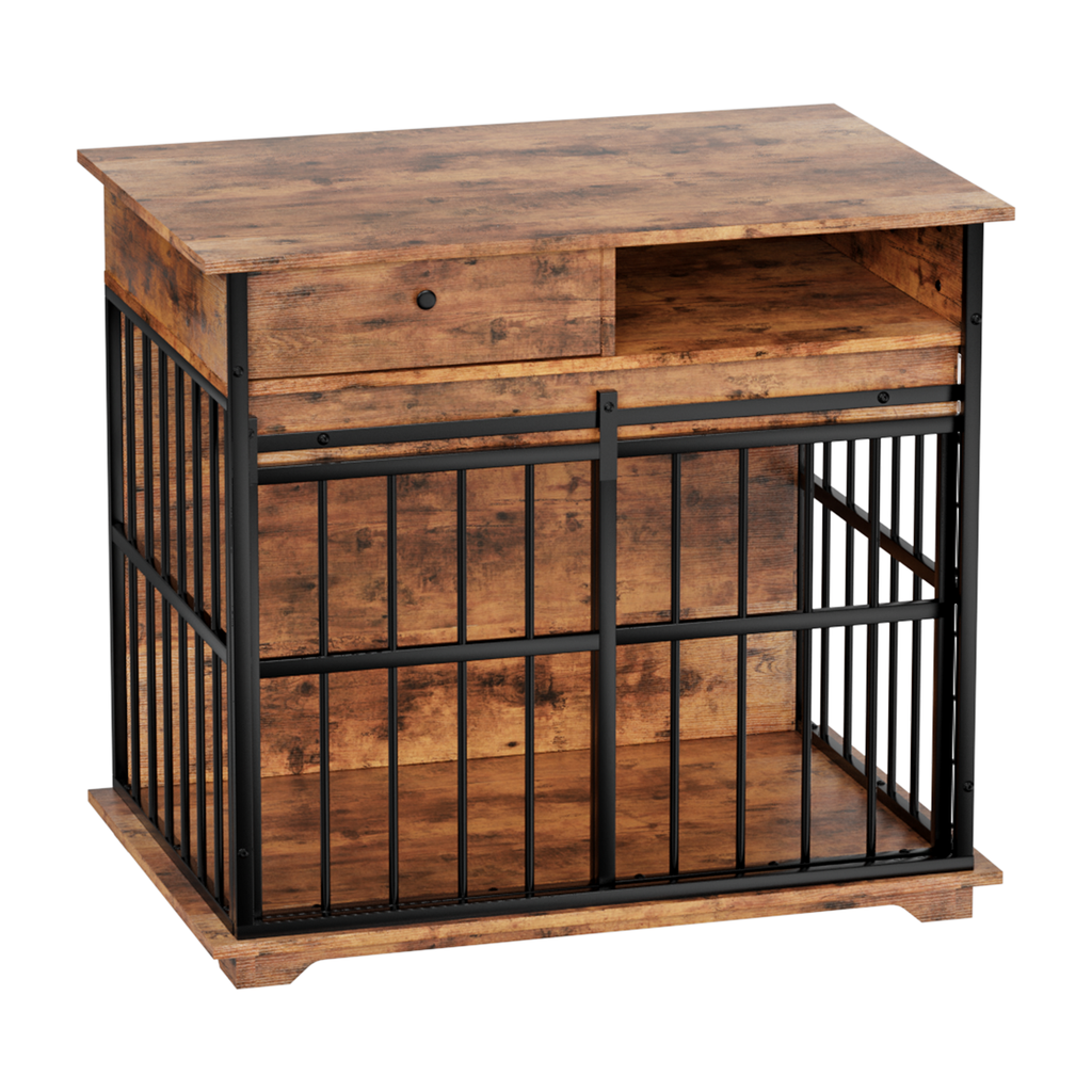 Wooden cabinet with metal grid design on a white background