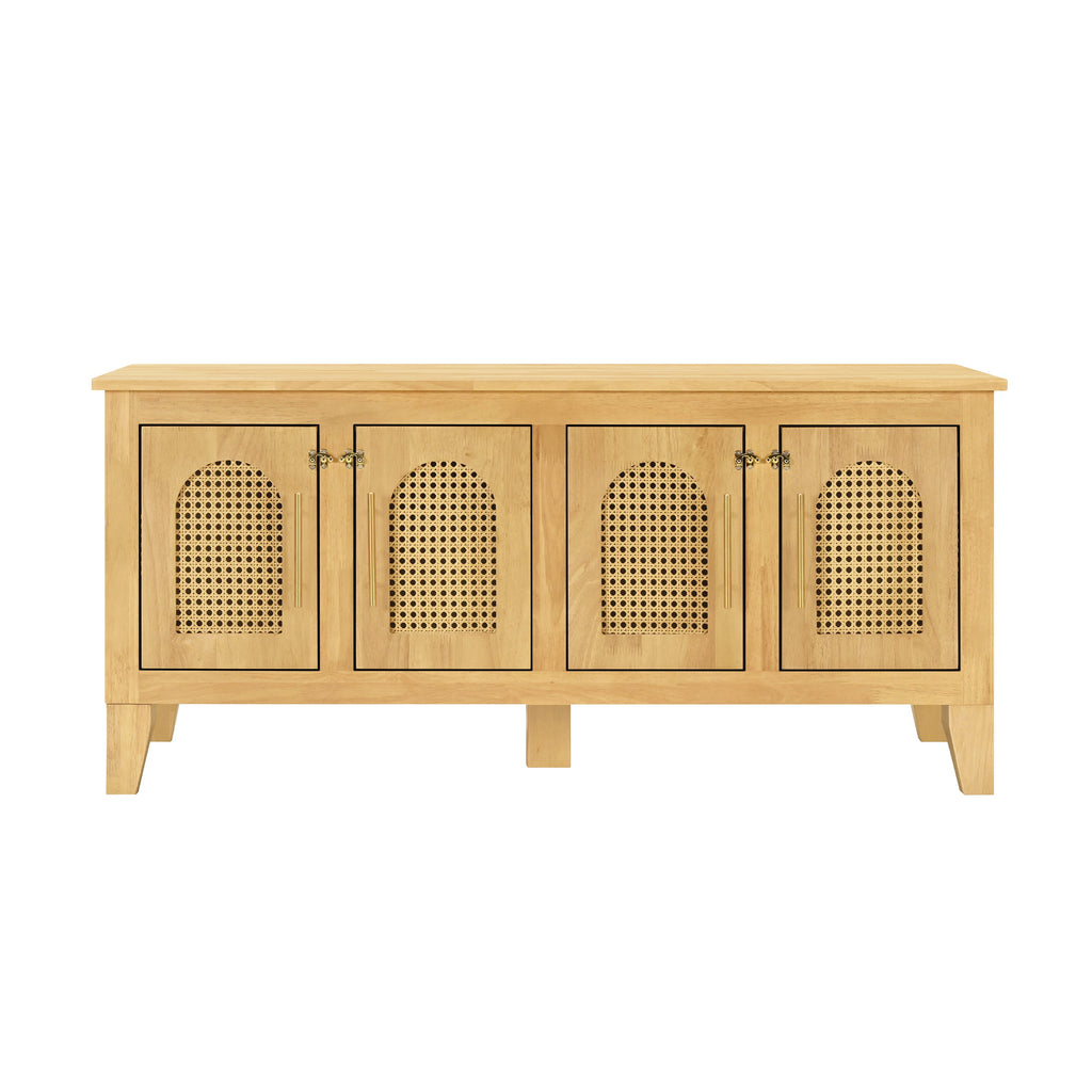 Wooden sideboard with four rattan door panels on a white background