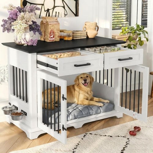 Wooden Dog Crate Furniture with Storage Drawers & Rotating Bowls – 44.48"