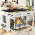 Wooden Dog Crate Furniture with Storage Drawers & Rotating Bowls – 44.48"