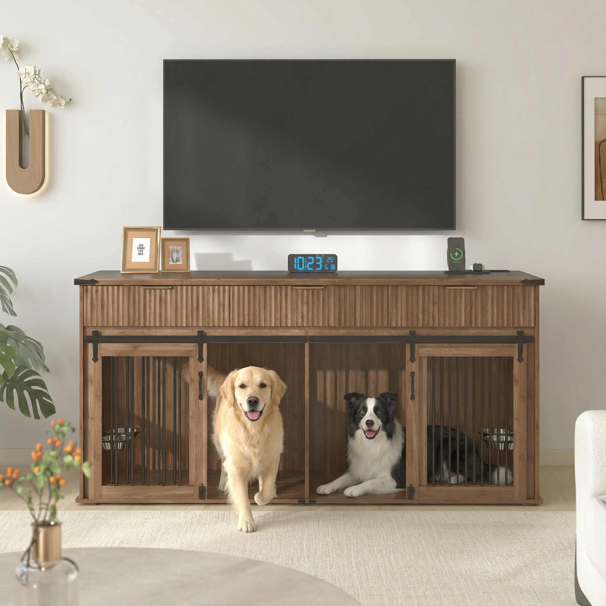 71" Double Dog Crate Furniture with Fluted Drawers, Feeders & Power Station