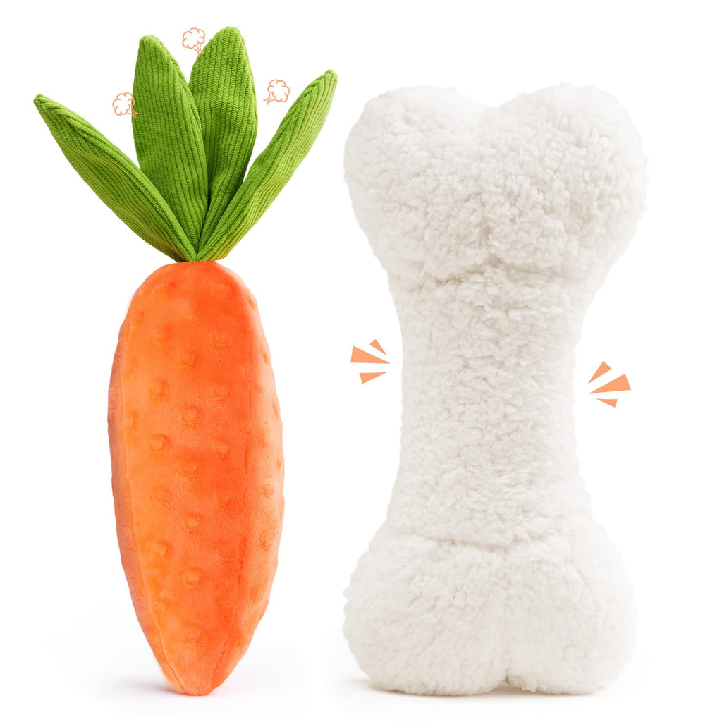 Carrot-shaped and bone-shaped plush toys on a white background