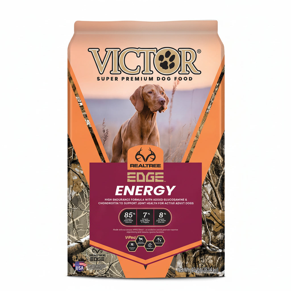 Victor Super Premium Dog Food package with a dog on a camouflage background