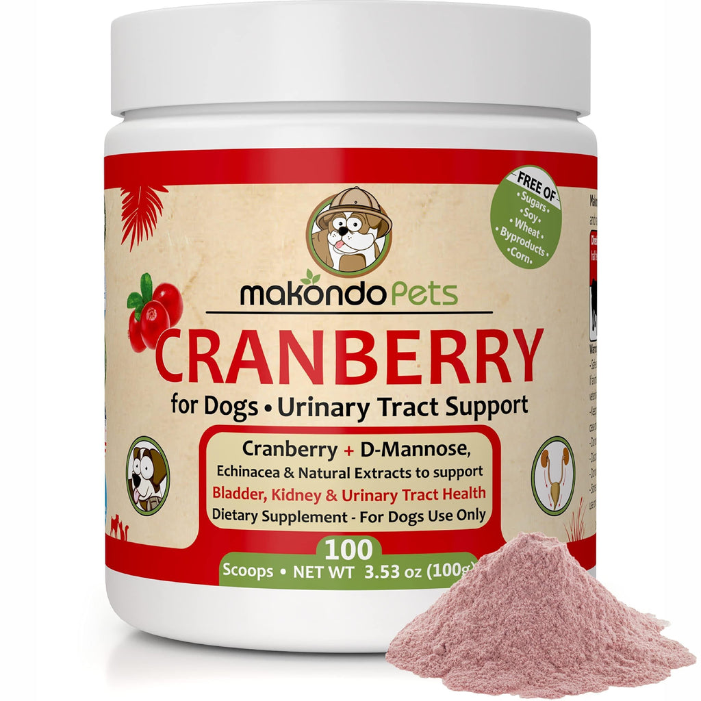 Supplement jar for dogs with cranberry support on a white background