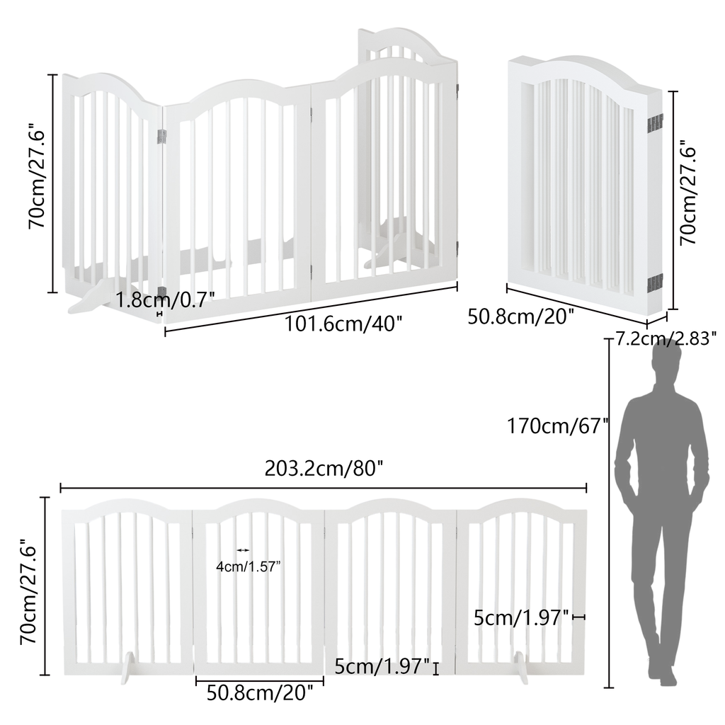 White pet gate with dimensions and a person for scale on a white background