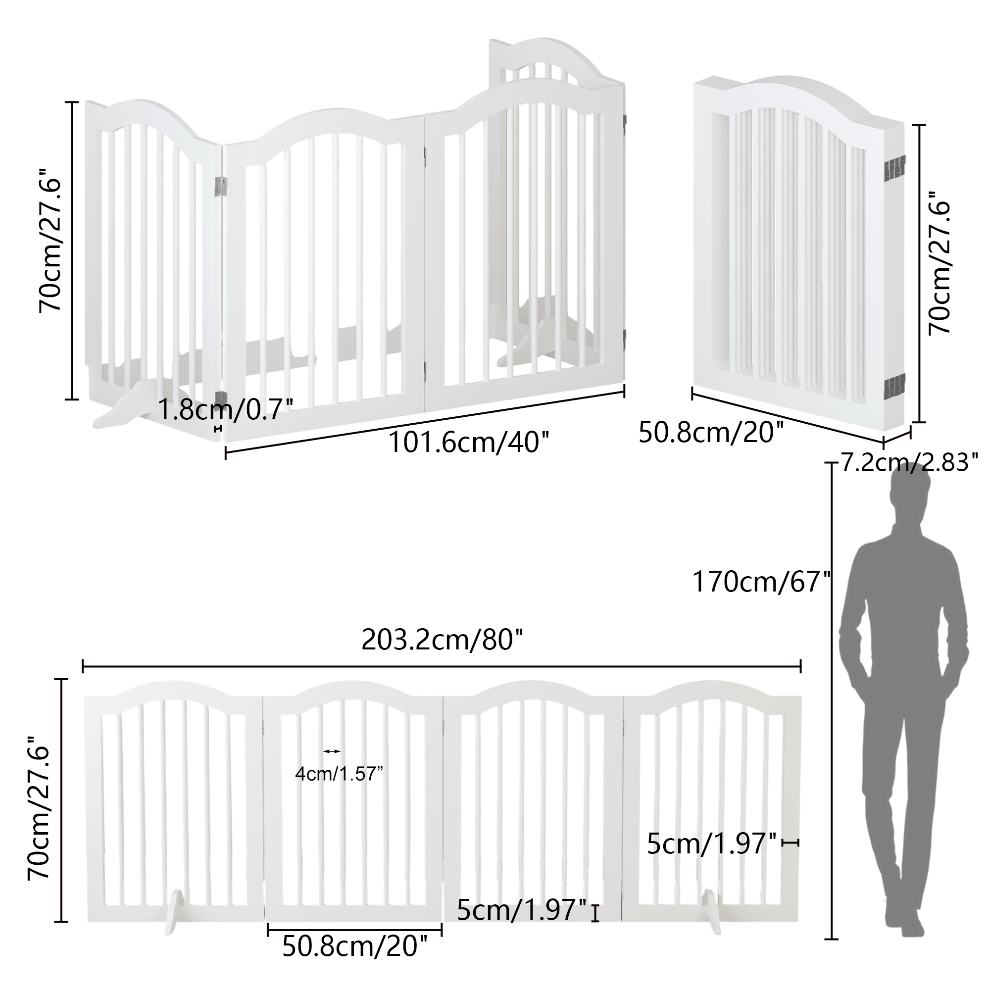 White pet gate with dimensions and a person for scale on a white background