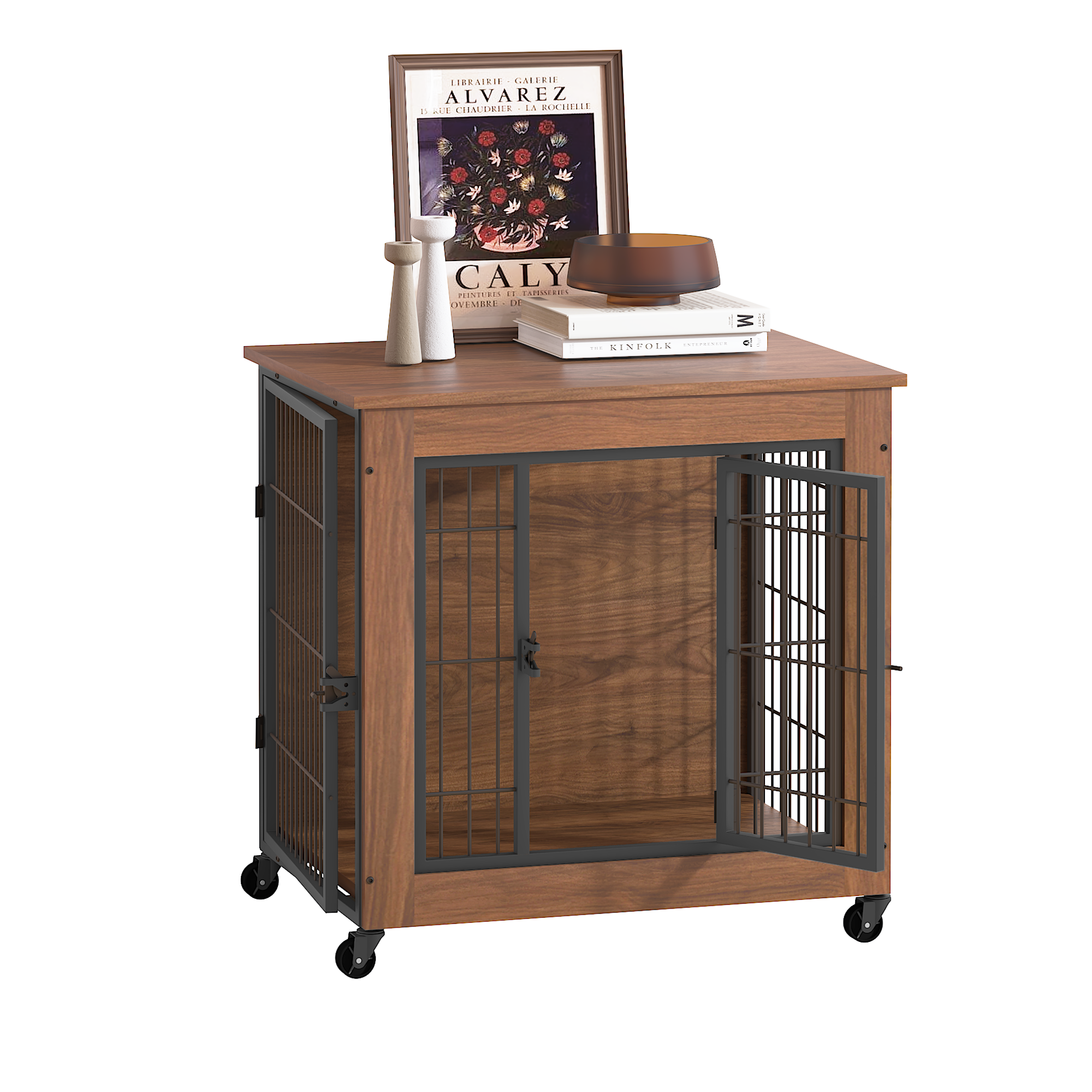 Wooden pet crate with wheels on a white background