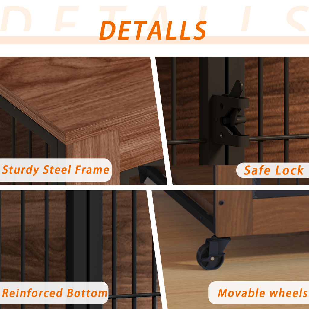 Collage of a wooden product with features labeled: Sturdy Steel Frame, Safe Lock, Reinforced Bottom, and Movable Wheels.