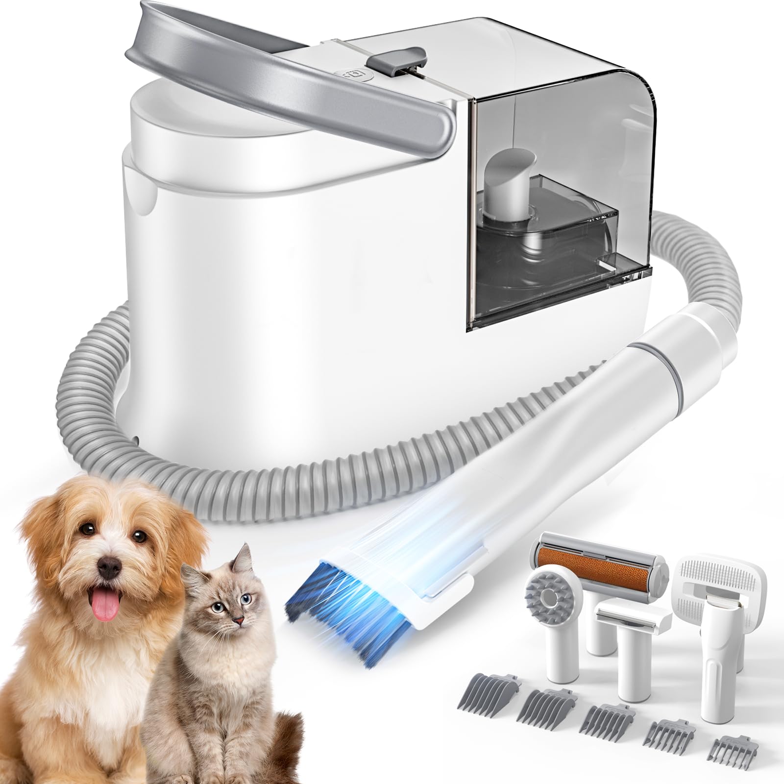 Pet grooming tool set with a dog and cat on a white background