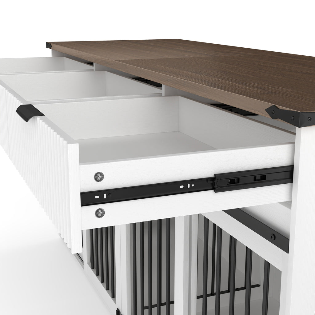 71" Double Dog Crate Furniture with Fluted Drawers, Feeders & Power Station