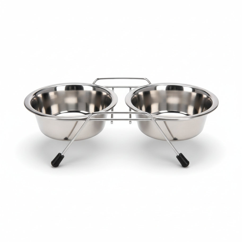 Stainless steel double-dish pet feeder on a white background