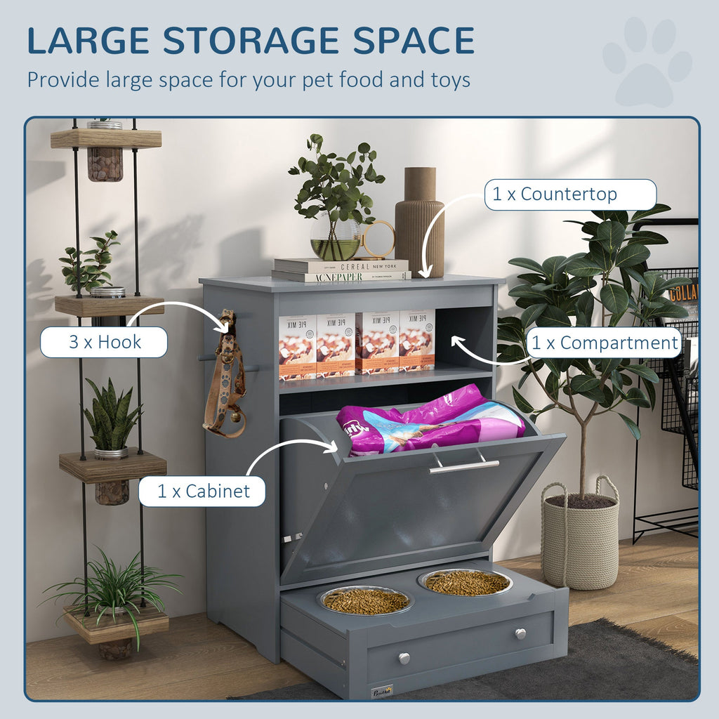 PawHut Pet Feeder Station Cabinet — Raised Bowls, Pull-Out Drawer, Storage Hooks, MDF (Grey, 32")