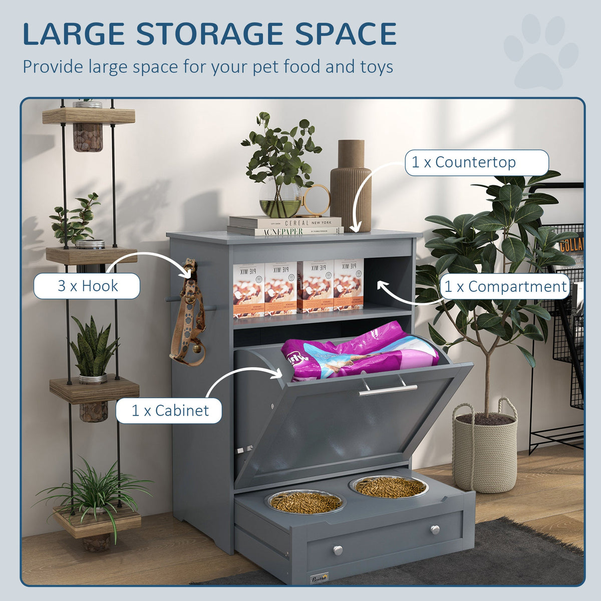 PawHut Pet Feeder Station Cabinet — Raised Bowls, Pull-Out Drawer, Storage Hooks, MDF (Grey, 32")