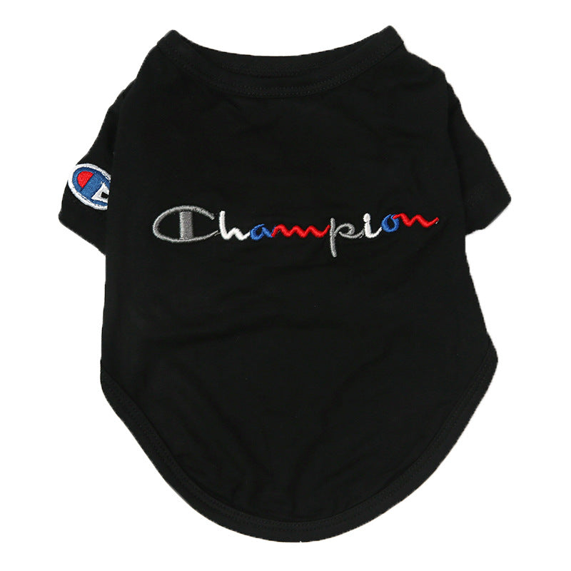 Black dog shirt with Champion logo on a white background