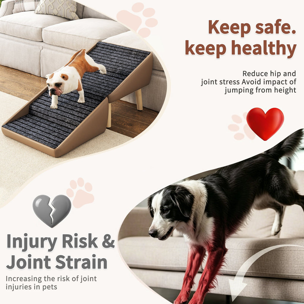 Pet ramp with a dog using it, emphasizing safety and health benefits.
