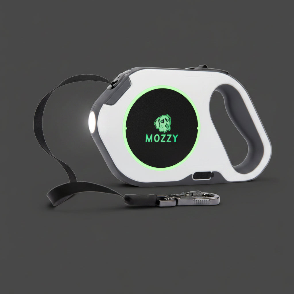 Retractable dog leash with 'Mozzy' branding on a white background