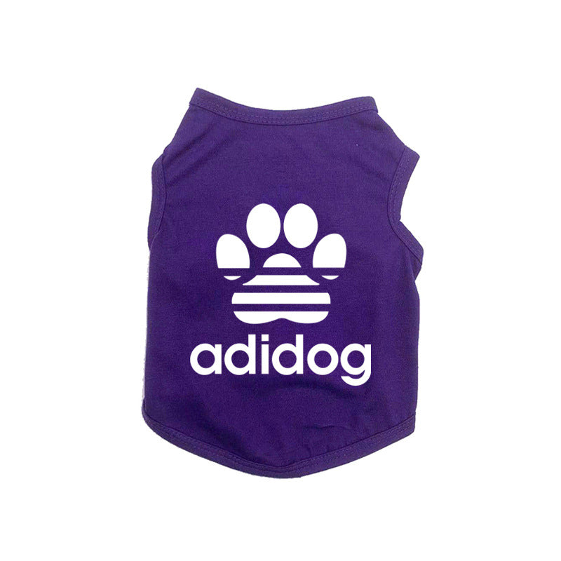 Purple pet shirt with white paw print and 'adidog' text on a white background