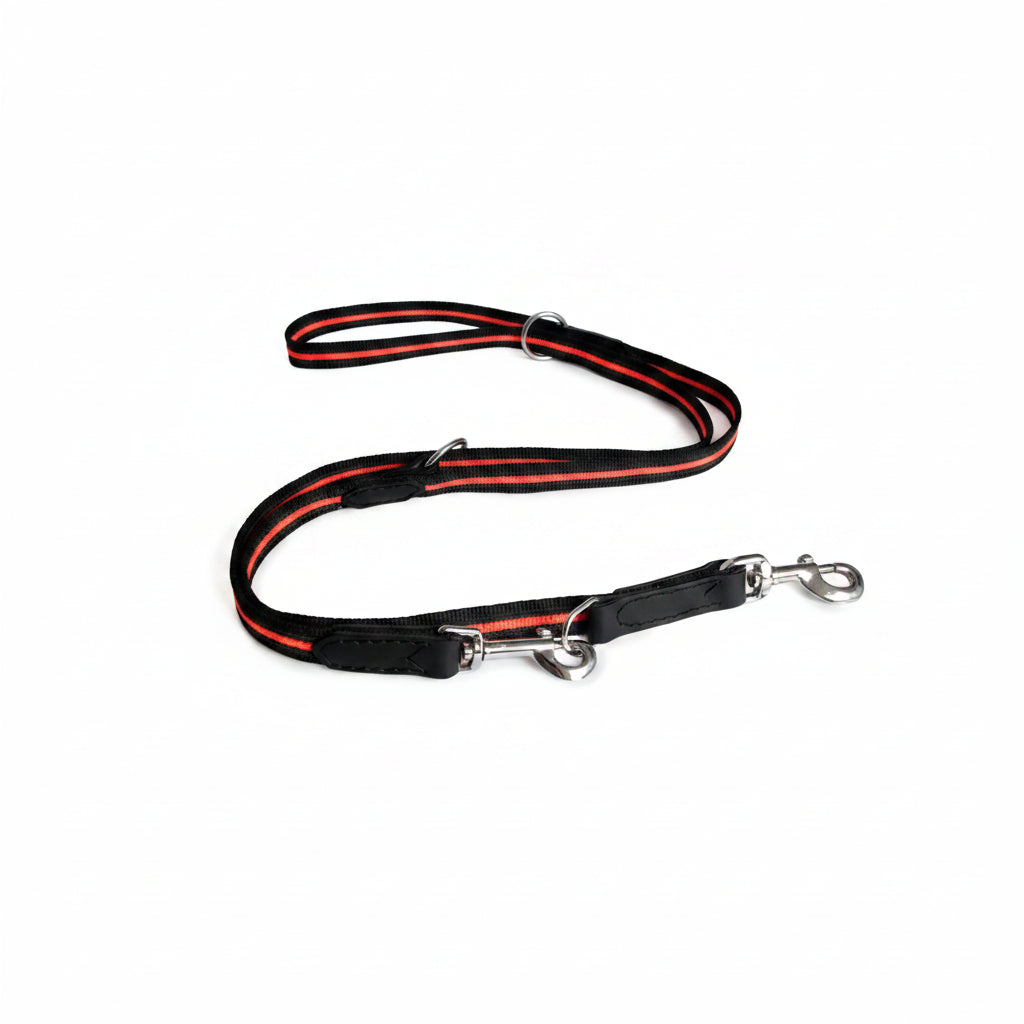 Black and red dog leash with metal clip on a white background