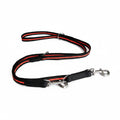 Black and red dog leash with metal clip on a white background