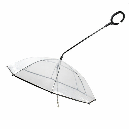 Clear umbrella with a black handle on a white background