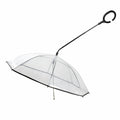 Clear umbrella with a black handle on a white background