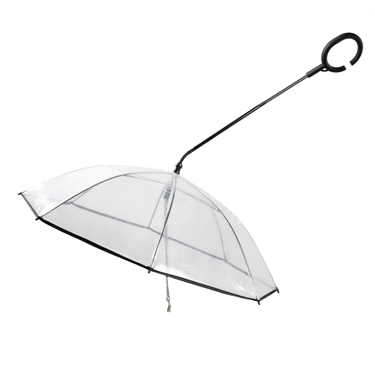 Clear umbrella with a black handle on a white background