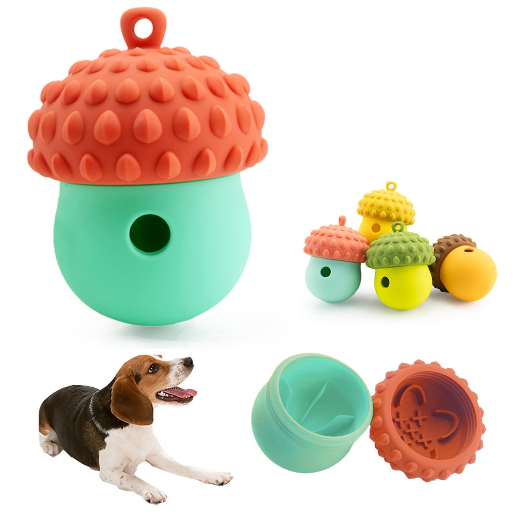Colorful acorn-shaped dog toy with a dog sitting next to it on a white background
