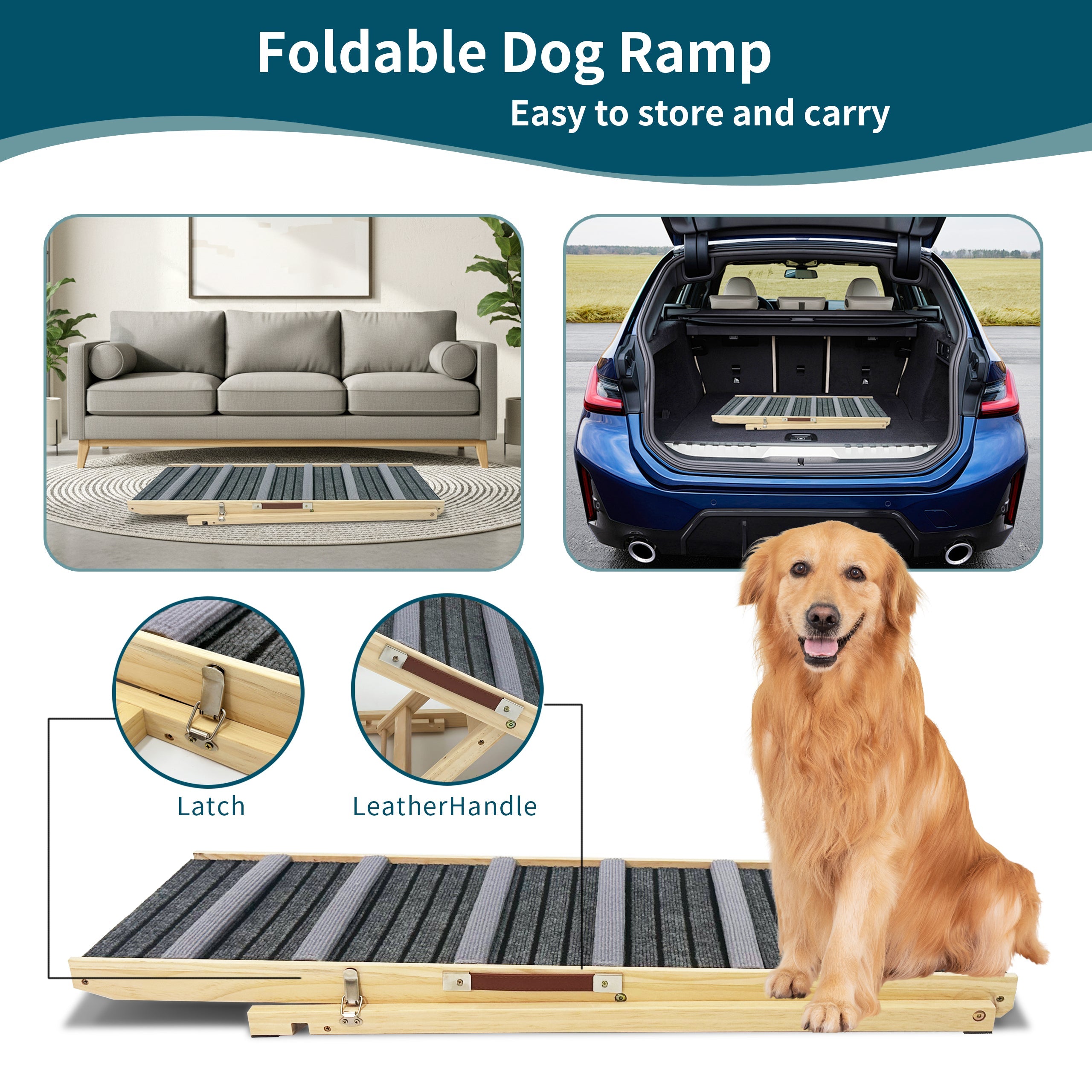 Foldable dog ramp with images of use cases, features, and a dog sitting on it.