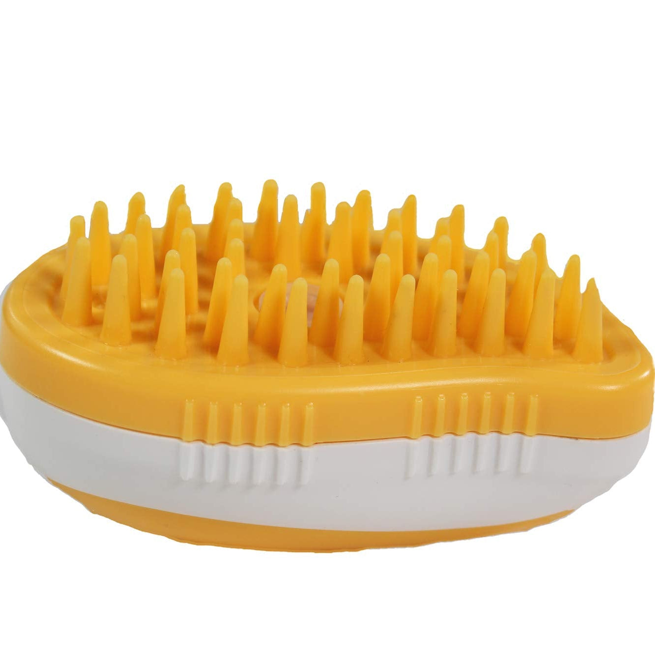 Yellow grooming brush with textured surface on a white background