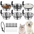 Set of stainless steel pet bowls with mounting hardware, shown with a cat and dog.